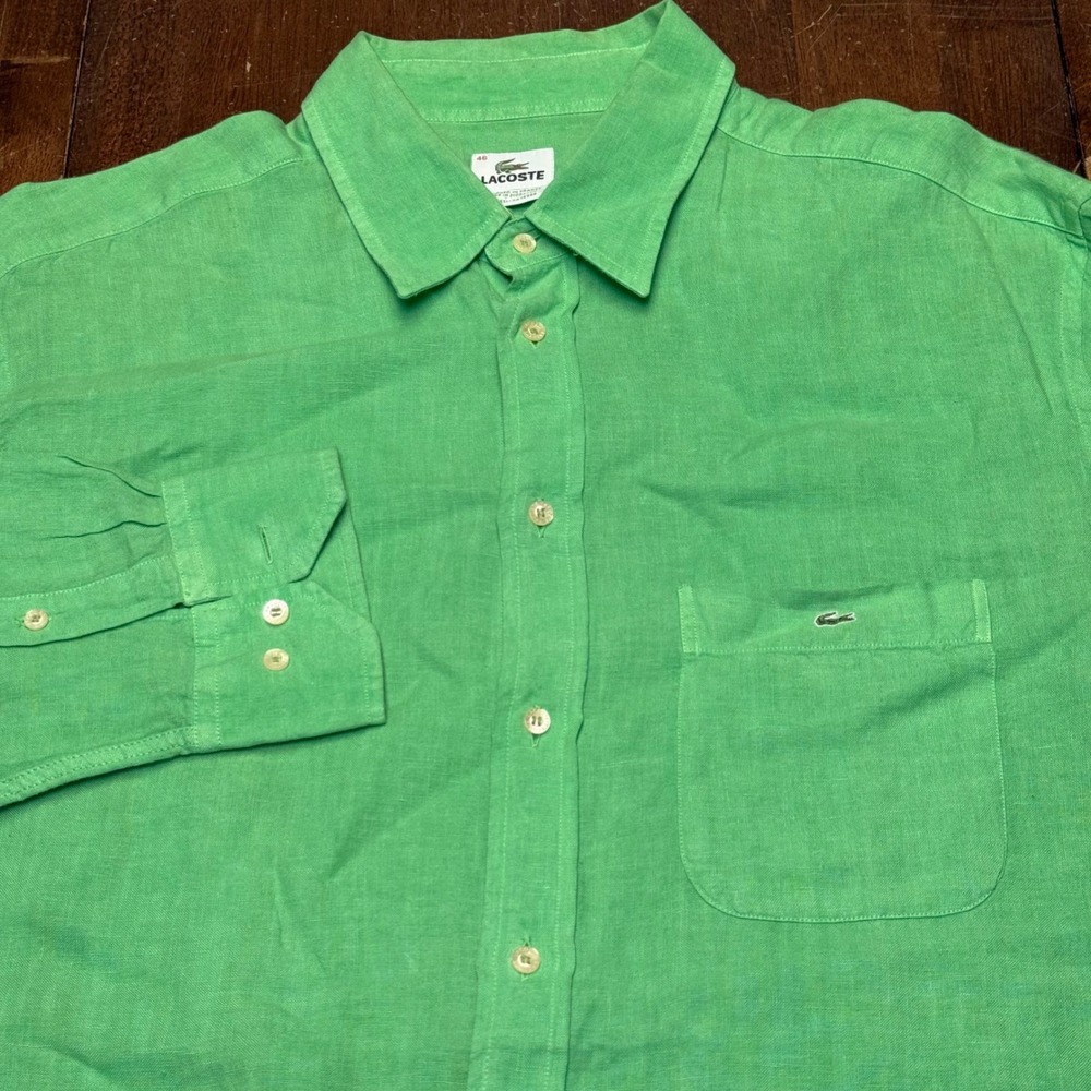 Lacoste Button Down Shirt Mens 46 Green 100% Linen XL Long Sleeve Pocket Logo